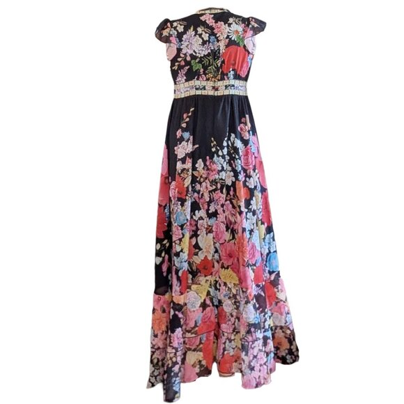 NWT Dalia Macphee Black Floral Plunging Neckline Boho Peasant Maxi Dress Sz L - Picture 2 of 7